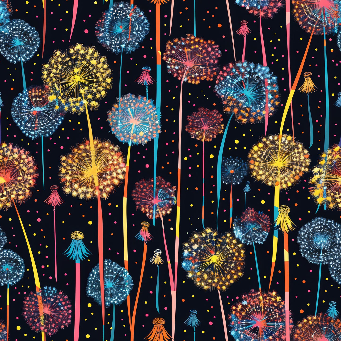 midnight blue, black background, dandelions, fireworks, yellow blooms, blue flowers, pink accents, orange details, colorful bursts, radiating patterns, seed heads, whimsical flora, magical garden, quilting cotton, fabric panel, botanical design, vibrant colors, scattered dots, nature motif, contemporary style