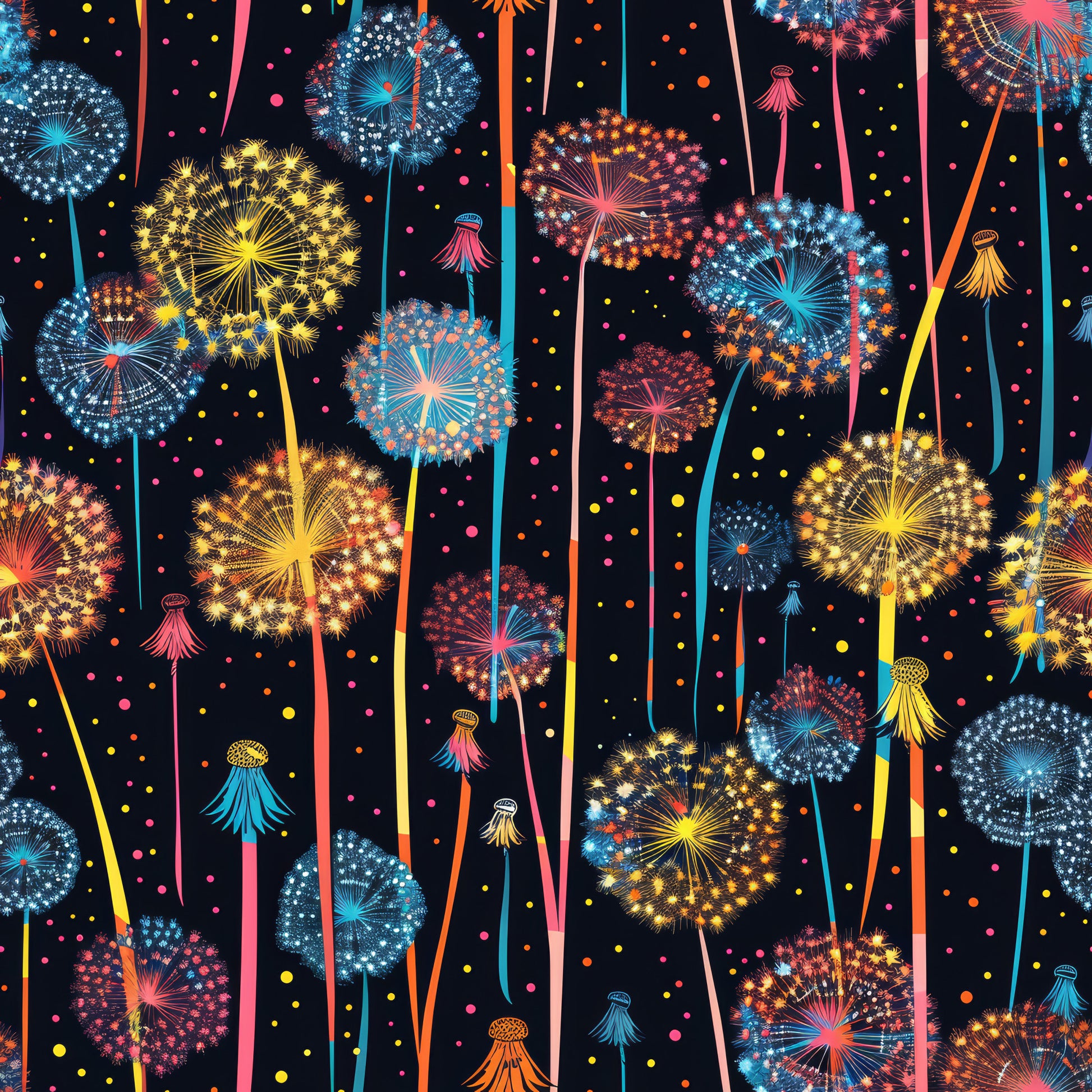 midnight blue, black background, dandelions, fireworks, yellow blooms, blue flowers, pink accents, orange details, colorful bursts, radiating patterns, seed heads, whimsical flora, magical garden, quilting cotton, fabric panel, botanical design, vibrant colors, scattered dots, nature motif, contemporary style