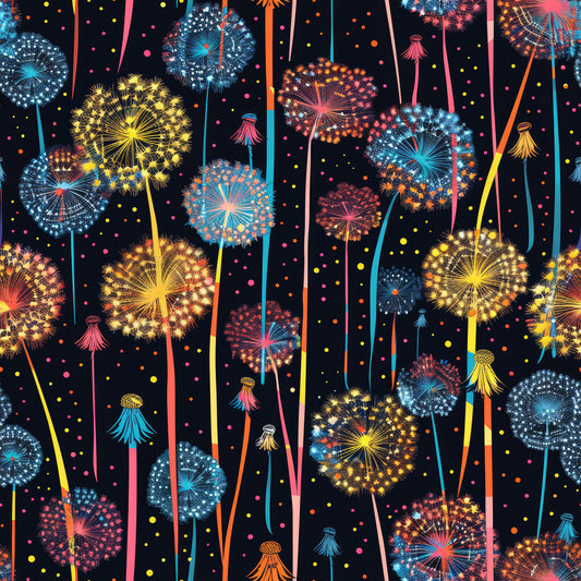 midnight blue, black background, dandelions, fireworks, yellow blooms, blue flowers, pink accents, orange details, colorful bursts, radiating patterns, seed heads, whimsical flora, magical garden, quilting cotton, fabric panel, botanical design, vibrant colors, scattered dots, nature motif, contemporary style