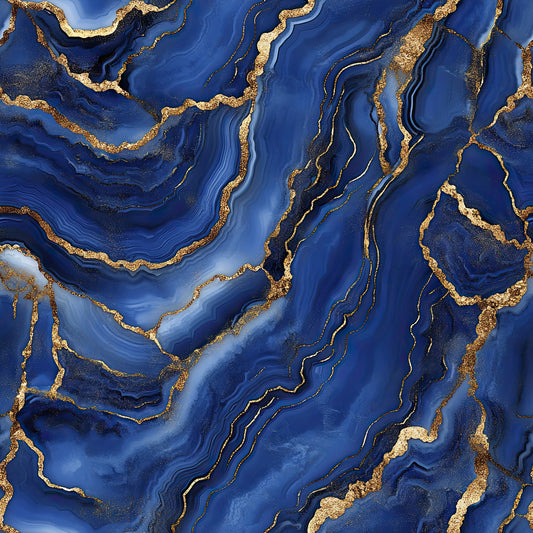 royal blue, navy blue, gold, metallic gold, agate pattern, geode design, marble texture, swirling lines, fluid patterns, organic shapes, luxurious, elegant, flowing veins, mineral inspired, natural stone, quilting cotton, fabric panel, rich colors, sophisticated, abstract design
