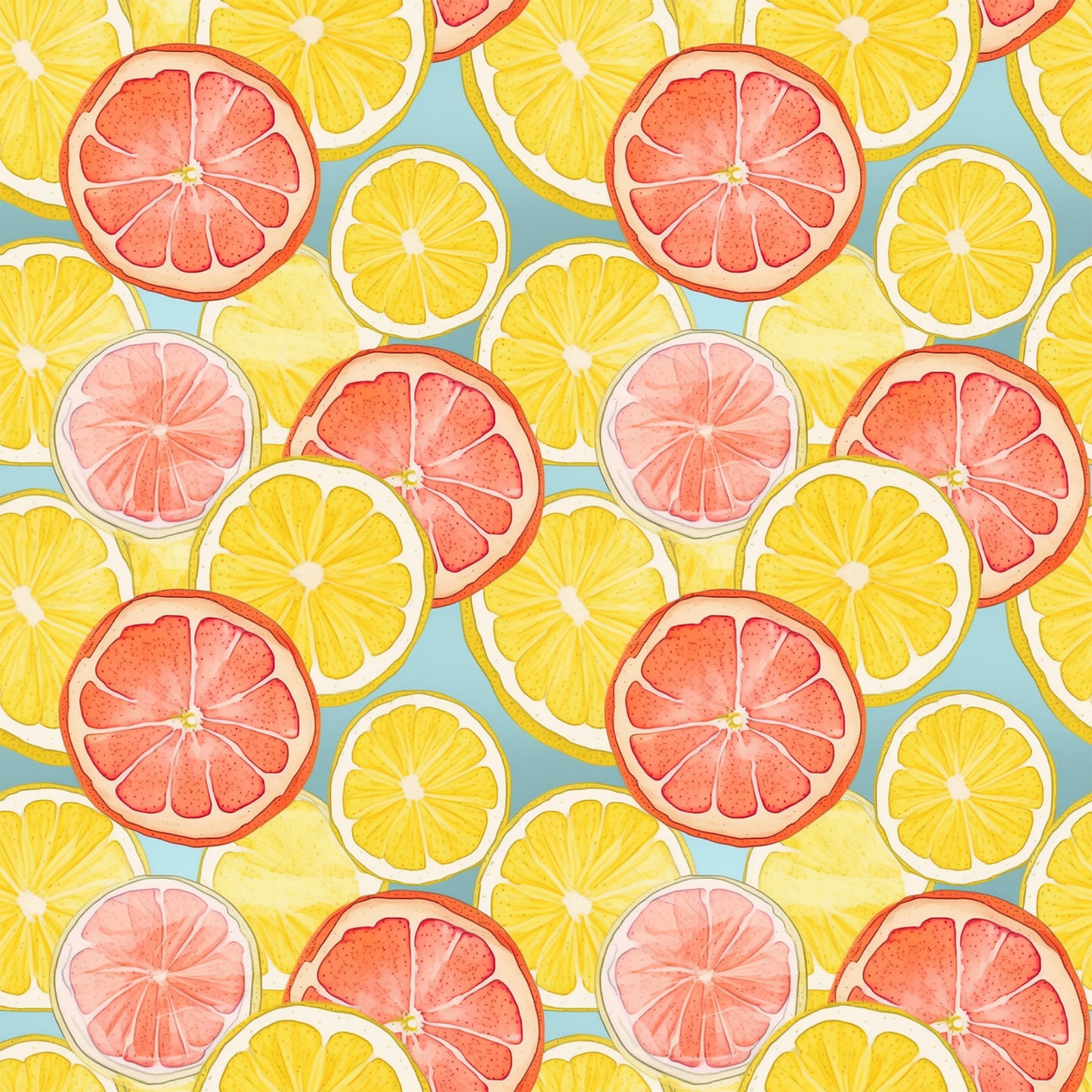 citrus slices, lemon slices, grapefruit slices, orange slices, yellow, coral pink, peachy pink, mint green, turquoise blue, watercolor style, fruit pattern, summer vibes, fresh fruit, quilting cotton, fabric panel, botanical design, citrus medley, bright colors, repeating pattern, tropical feel