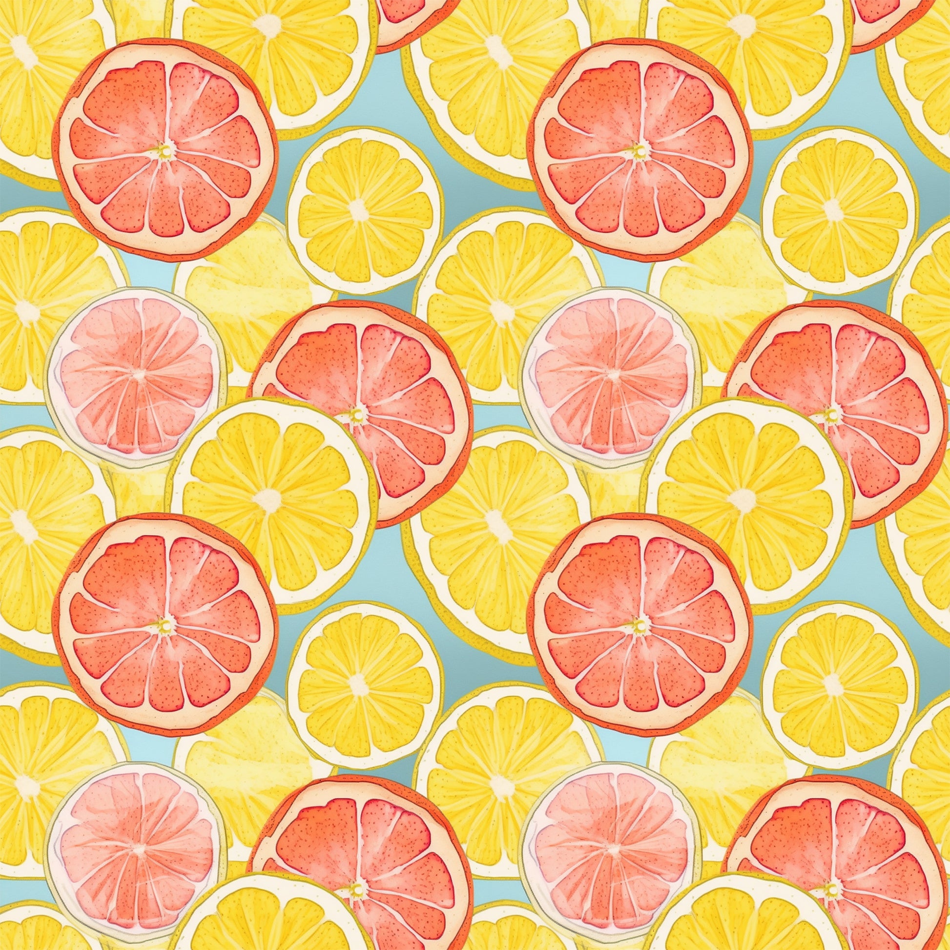 citrus slices, lemon slices, grapefruit slices, orange slices, yellow, coral pink, peachy pink, mint green, turquoise blue, watercolor style, fruit pattern, summer vibes, fresh fruit, quilting cotton, fabric panel, botanical design, citrus medley, bright colors, repeating pattern, tropical feel