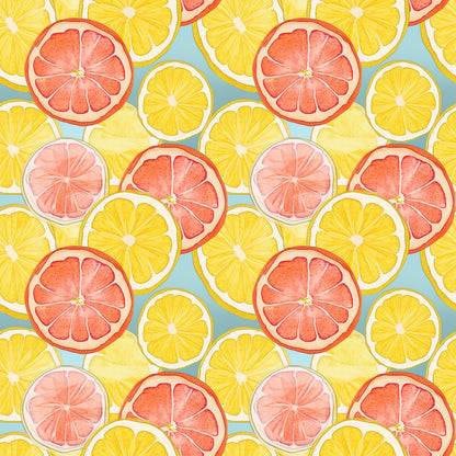 citrus slices, lemon slices, grapefruit slices, orange slices, yellow, coral pink, peachy pink, mint green, turquoise blue, watercolor style, fruit pattern, summer vibes, fresh fruit, quilting cotton, fabric panel, botanical design, citrus medley, bright colors, repeating pattern, tropical feel
