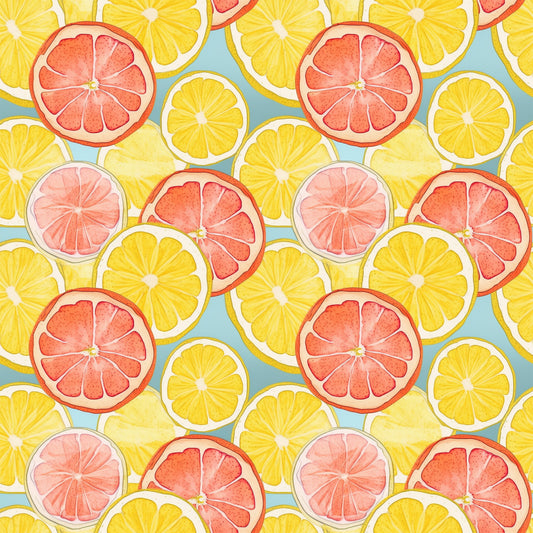 citrus slices, lemon slices, grapefruit slices, orange slices, yellow, coral pink, peachy pink, mint green, turquoise blue, watercolor style, fruit pattern, summer vibes, fresh fruit, quilting cotton, fabric panel, botanical design, citrus medley, bright colors, repeating pattern, tropical feel