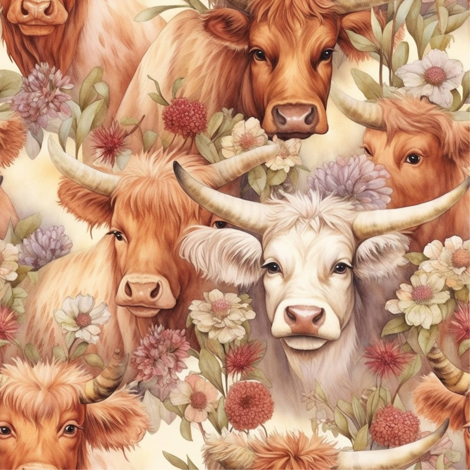 highland cows, floral pattern, rustic cattle, warm browns, cream colors, soft pastels, pink flowers, green leaves, horned cattle, pastoral scene, quilting cotton, fabric panel, country style, farm animals, botanical elements, gentle mood, peachy tones, lavender blooms, seamless design, cottagecore aesthetic