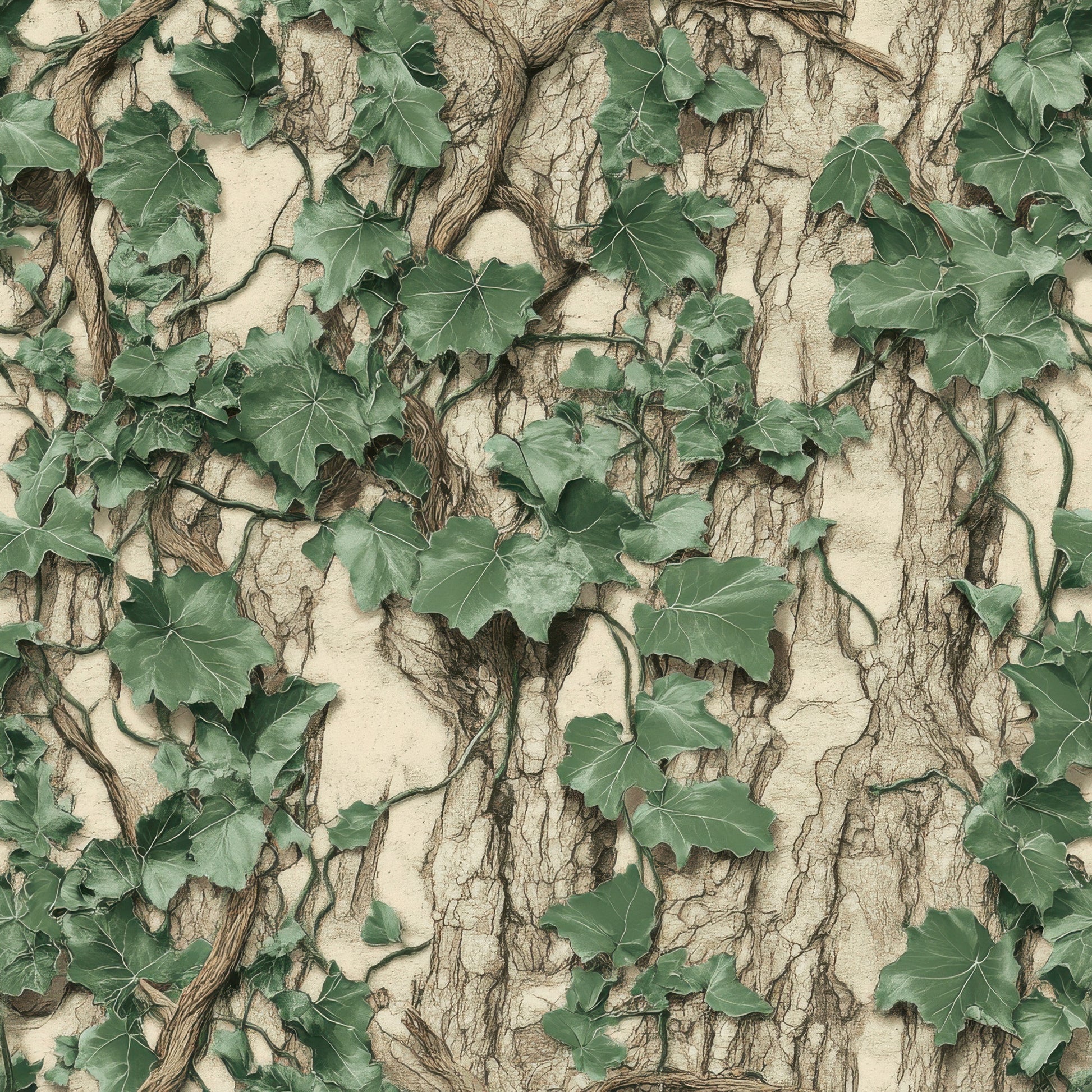 ivy leaves, climbing vines, tree bark, beige background, green foliage, brown stems, natural camouflage, botanical pattern, realistic design, quilting cotton, fabric panel, outdoor theme, forest camouflage, neutral tones, nature print, hunting pattern, woodland design, organic shapes, leafy vines