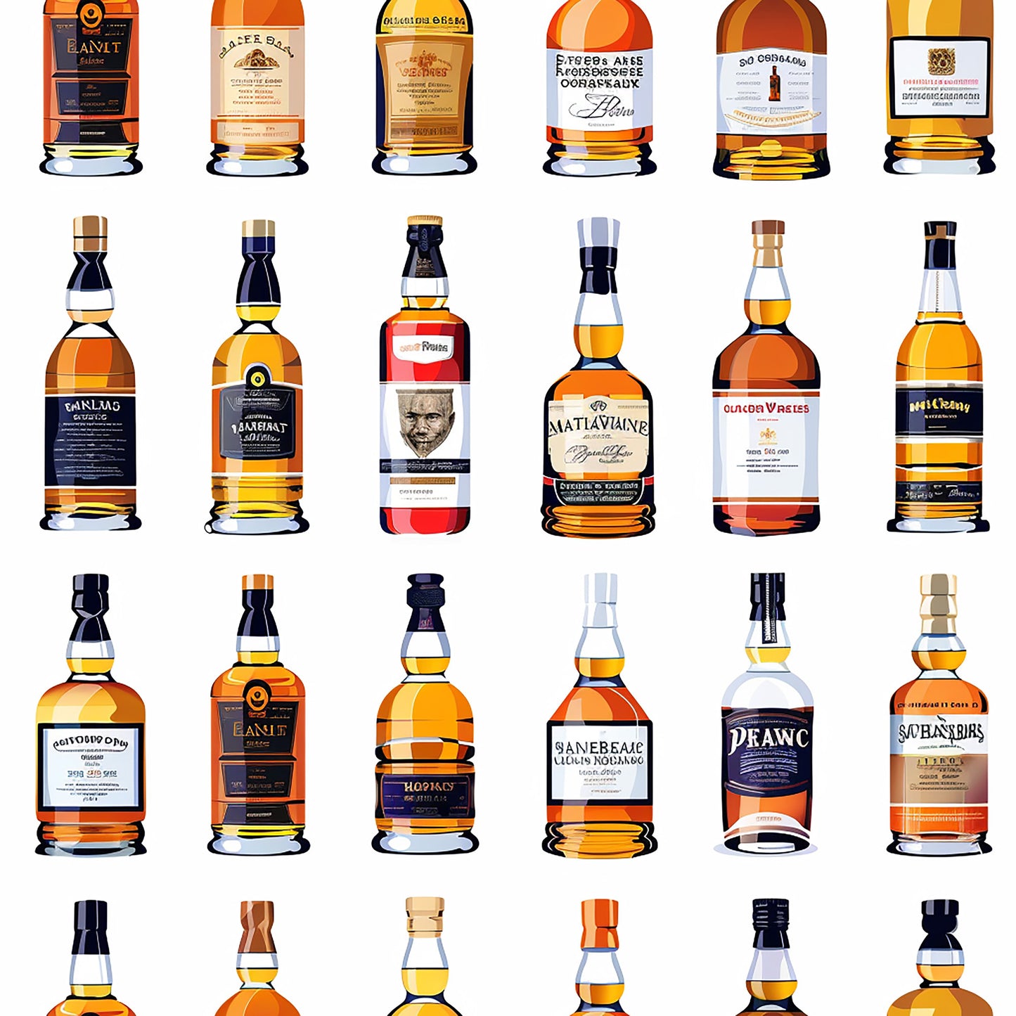 whiskey bottles, scottish theme, amber liquid, golden brown, orange tones, navy blue, cream colored, bottle collection, alcohol pattern, quilting cotton, fabric panel, beverage design, scottish whisky, bottle shapes, liquid amber, warm colors, distillery theme, spirits pattern, bottle labels, drinking culture