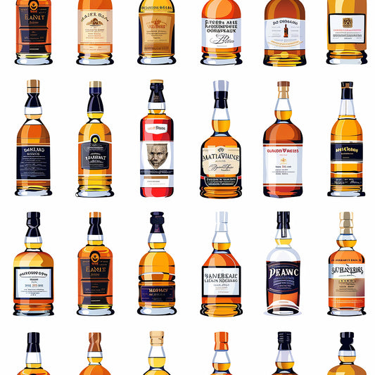 whiskey bottles, scottish theme, amber liquid, golden brown, orange tones, navy blue, cream colored, bottle collection, alcohol pattern, quilting cotton, fabric panel, beverage design, scottish whisky, bottle shapes, liquid amber, warm colors, distillery theme, spirits pattern, bottle labels, drinking culture