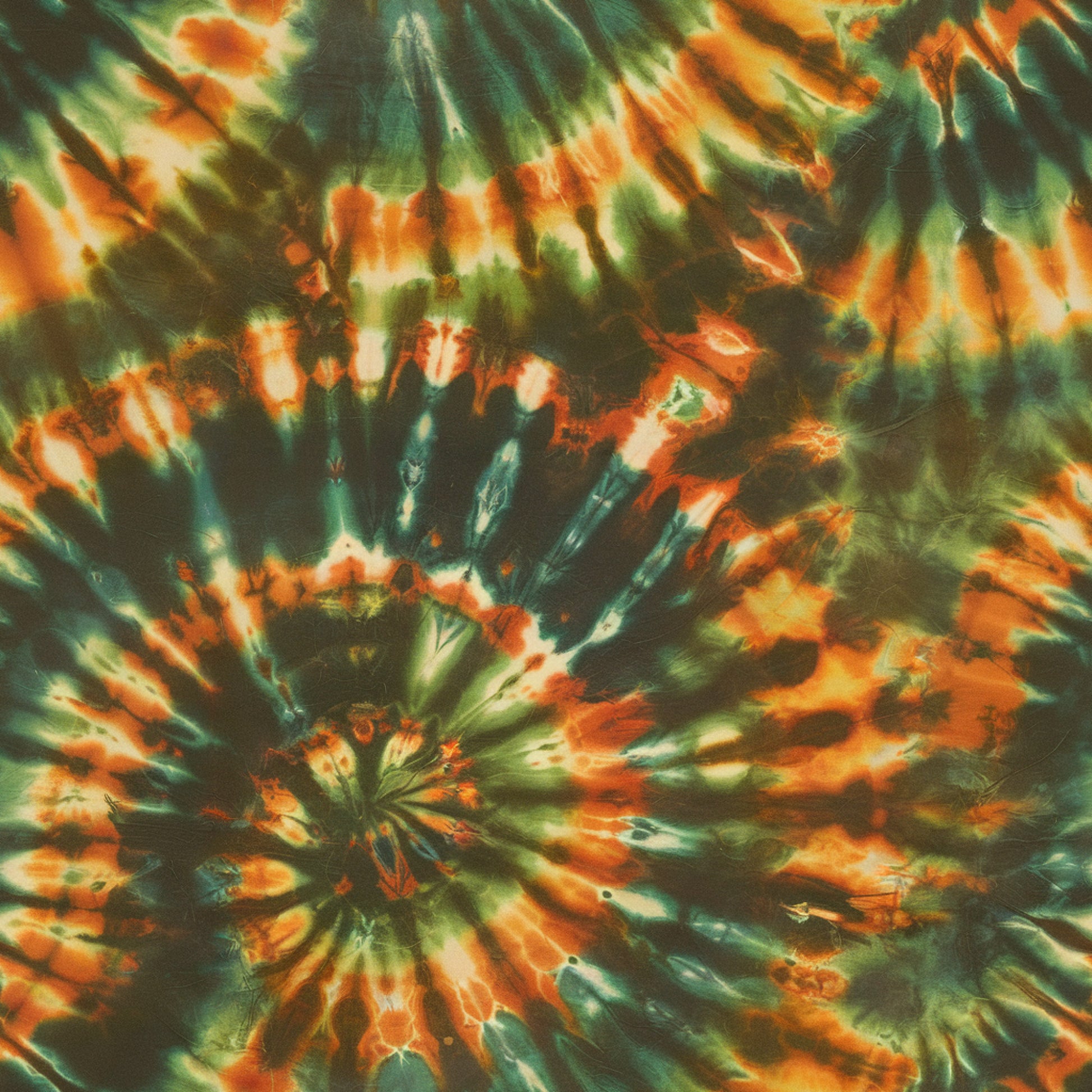 tie dye, spiral pattern, radiating design, orange, green, teal, white, black, retro style, psychedelic, swirled colors, burst pattern, circular design, groovy, vintage inspired, quilting cotton, fabric panel, hippie aesthetic, color bleeding, dye technique