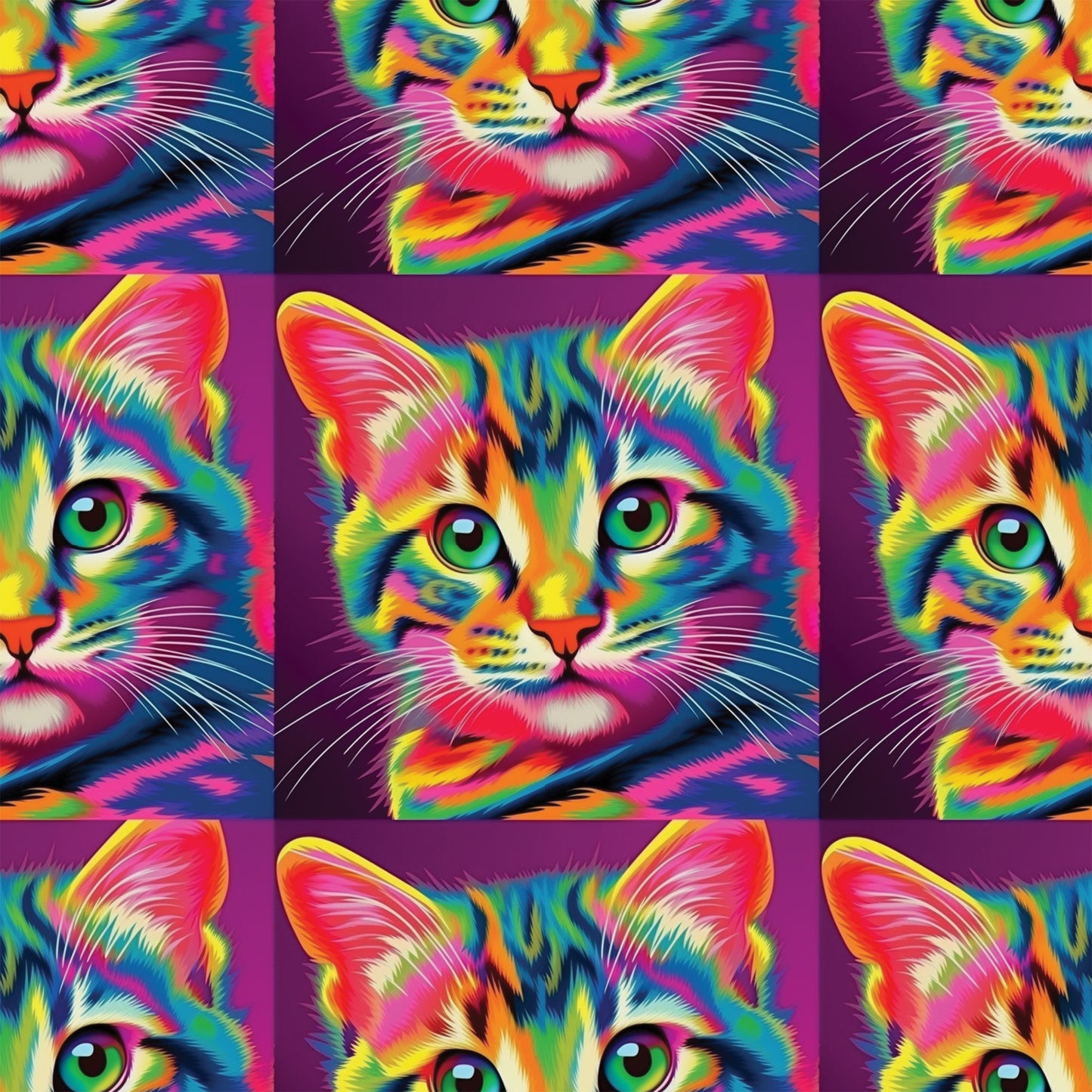 colorful cats, rainbow colors, psychedelic art, neon pink, bright green, electric blue, orange accents, yellow highlights, purple background, pop art style, vibrant felines, quilting cotton, fabric panel, digital art, contemporary design, eye-catching, kaleidoscope effect, multicolored fur, artistic cats, crafting material
