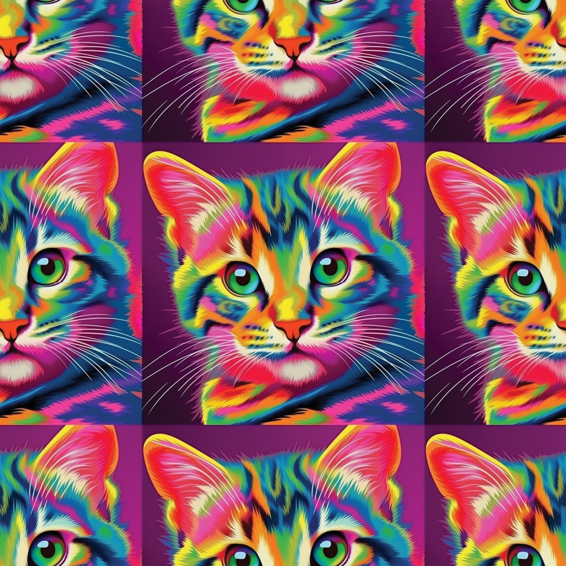 colorful cats, rainbow colors, psychedelic art, neon pink, bright green, electric blue, orange accents, yellow highlights, purple background, pop art style, vibrant felines, quilting cotton, fabric panel, digital art, contemporary design, eye-catching, kaleidoscope effect, multicolored fur, artistic cats, crafting material