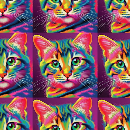 colorful cats, rainbow colors, psychedelic art, neon pink, bright green, electric blue, orange accents, yellow highlights, purple background, pop art style, vibrant felines, quilting cotton, fabric panel, digital art, contemporary design, eye-catching, kaleidoscope effect, multicolored fur, artistic cats, crafting material