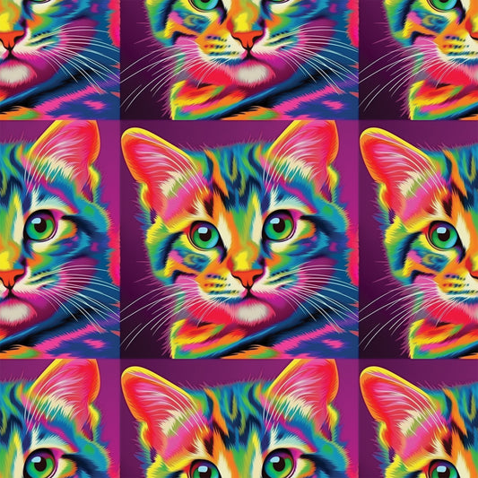 colorful cats, rainbow colors, psychedelic art, neon pink, bright green, electric blue, orange accents, yellow highlights, purple background, pop art style, vibrant felines, quilting cotton, fabric panel, digital art, contemporary design, eye-catching, kaleidoscope effect, multicolored fur, artistic cats, crafting material