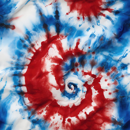 red, white, blue, tie-dye, spiral pattern, swirl design, patriotic colors, abstract pattern, cotton fabric, quilting panel, burst design, radiating pattern, americana theme, marbled effect, flowing design, dynamic swirls, fourth of july, flag colors, craft fabric, sewing material