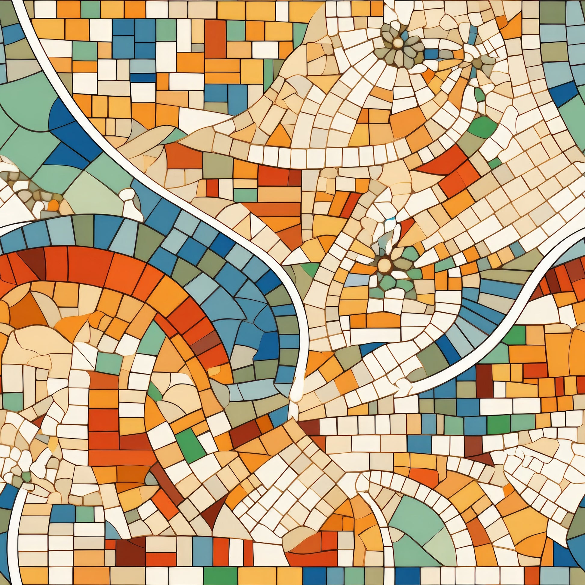 mosaic art, geometric pattern, orange tiles, blue tiles, green tiles, cream tiles, terracotta, circular swirls, curved lines, abstract design, tessellation, mediterranean style, tile work, quilting cotton, fabric panel, warm colors, cool colors, artistic mosaic, flowing curves, decorative pattern
