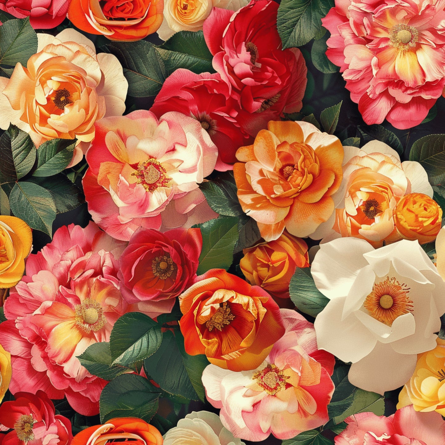 realistic flowers, floral pattern, roses, peonies, ranunculus, coral pink, deep red, peach orange, cream white, golden yellow, sage green, botanical design, layered petals, dense arrangement, romantic style, quilting cotton, fabric panel, spring blooms, garden flowers, vintage inspired