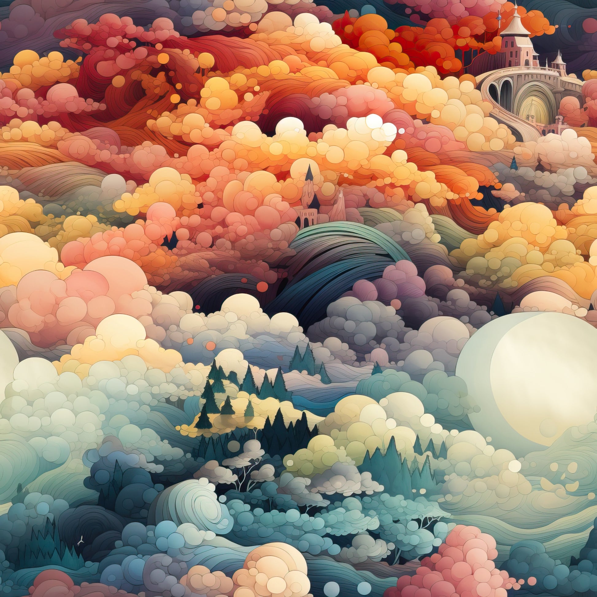coral, peach, orange, turquoise, teal, cream, dusty rose, sage green, swirling clouds, dreamy landscape, fantasy scenery, castle towers, evergreen trees, flowing patterns, whimsical art style, sunset colors, quilting cotton, fabric panel, ethereal mood, nature elements