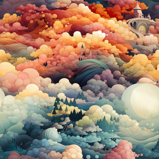 coral, peach, orange, turquoise, teal, cream, dusty rose, sage green, swirling clouds, dreamy landscape, fantasy scenery, castle towers, evergreen trees, flowing patterns, whimsical art style, sunset colors, quilting cotton, fabric panel, ethereal mood, nature elements