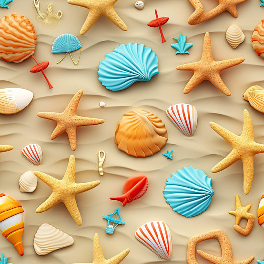 beach theme, starfish, seashells, sand background, turquoise blue, coral orange, cream white, red accents, nautical pattern, ocean life, summer vibes, coastal design, quilting cotton, fabric panel, tropical colors, marine motifs, seaside elements, vacation theme, bright colors, repeating pattern