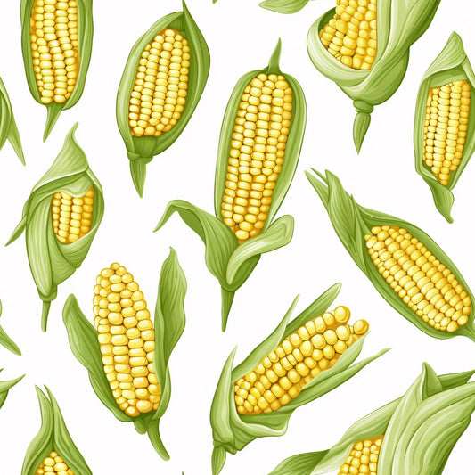 yellow corn, green husks, corn cobs, vegetable pattern, golden kernels, farm produce, harvest theme, botanical design, quilting cotton, fabric panel, seamless repeat, agricultural motif, summer crops, green leaves, corn stalks, food illustration, garden vegetables, rural theme, corn kernels, farming pattern
