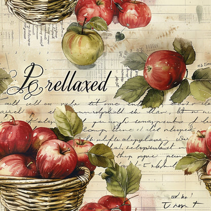 farm life, apples, red apples, green apples, wicker baskets, fruit harvest, vintage style, botanical illustration, autumn colors, cream background, handwritten script, quilting cotton, fabric panel, rustic charm, country theme, watercolor style, harvest season, apple picking, natural elements, aged paper texture