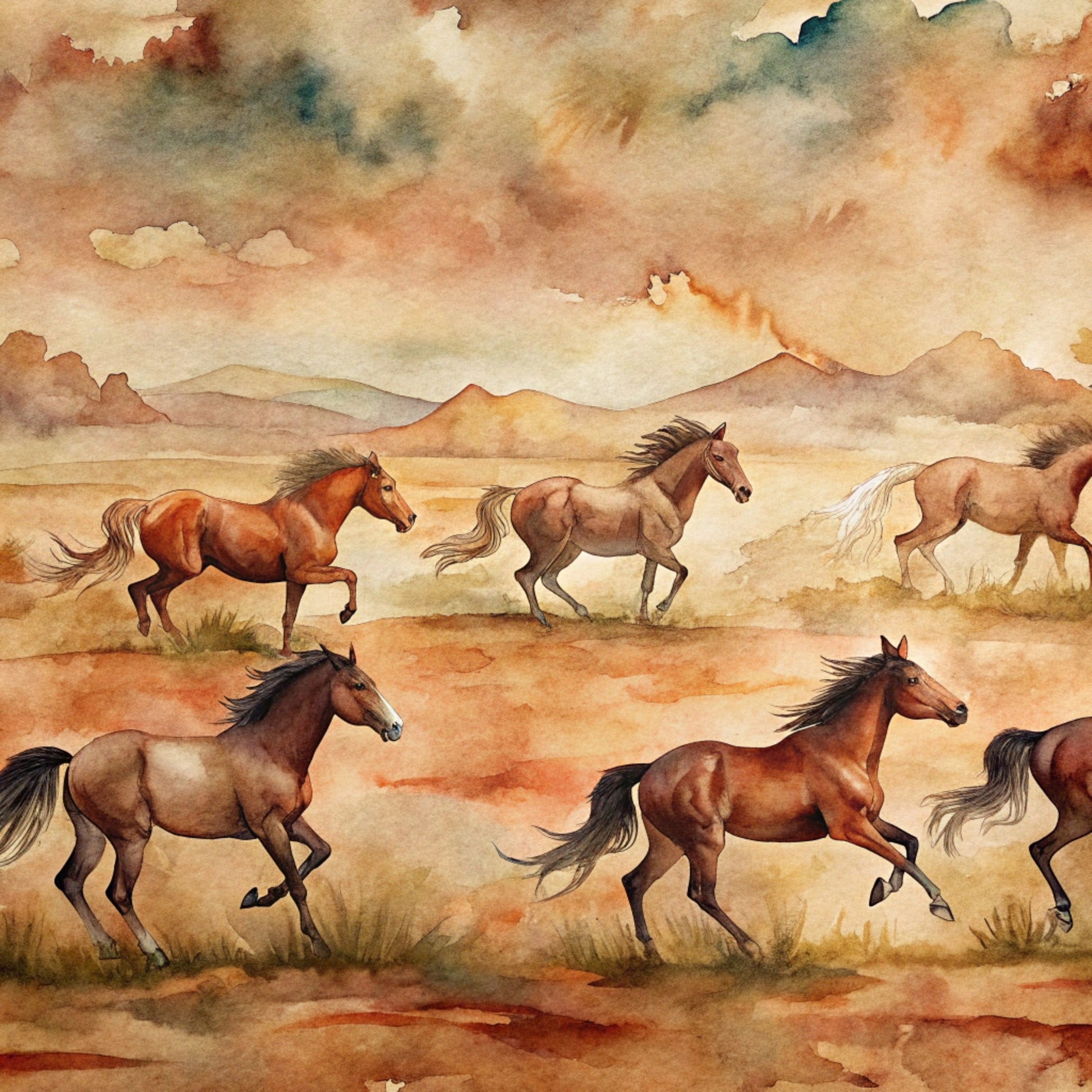 wild horses, watercolor style, brown tones, chestnut horses, galloping horses, desert landscape, southwestern scenery, mountains, cloudy sky, earth tones, rustic colors, flowing manes, running horses, western theme, quilting cotton, fabric panel, equestrian design, natural colors, dusty plains, horse herd