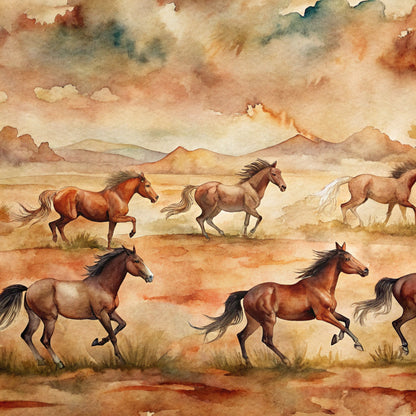 wild horses, watercolor style, brown tones, chestnut horses, galloping horses, desert landscape, southwestern scenery, mountains, cloudy sky, earth tones, rustic colors, flowing manes, running horses, western theme, quilting cotton, fabric panel, equestrian design, natural colors, dusty plains, horse herd