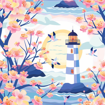 springtime lighthouse, cherry blossoms, pink flowers, blue striped lighthouse, seagulls flying, coastal scene, pastel colors, soft pink, ocean blue, yellow sun, quilting cotton, fabric panel, watercolor style, peaceful mood, spring blooms, maritime theme, birds in flight, lighthouse beacon, floral branches, seaside setting