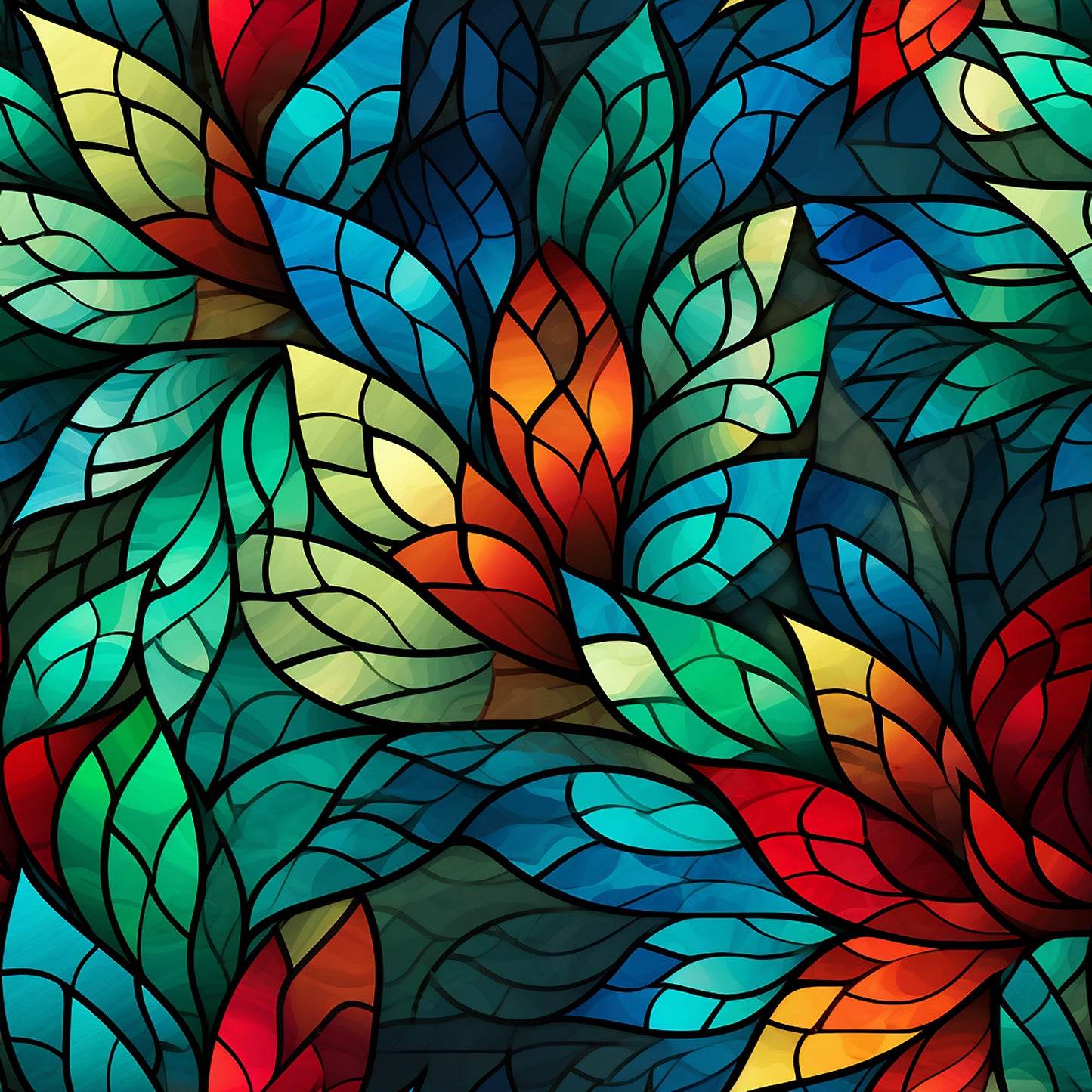 stained glass, christmas pattern, quilting cotton, fabric panel, jewel tones, emerald green, sapphire blue, ruby red, golden yellow, turquoise, geometric design, mosaic style, flowing leaves, organic shapes, vibrant colors, holiday fabric, decorative pattern, abstract botanical, rich hues, luminous effect