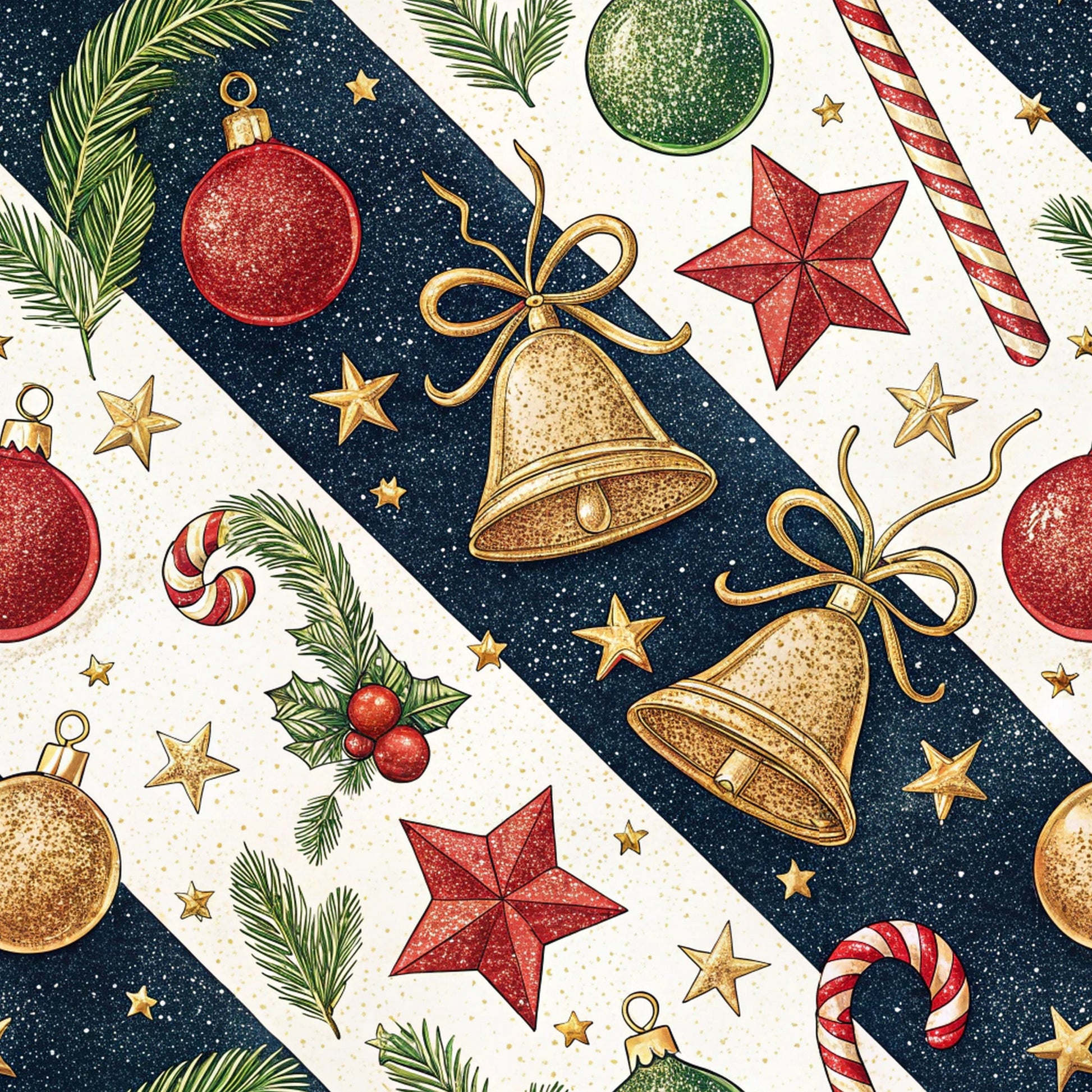 christmas ornaments, red ornaments, gold bells, green ornaments, candy canes, stars, pine branches, holly berries, navy blue background, cream background, diagonal stripes, festive pattern, quilting cotton, fabric panel, holiday theme, winter motifs, seasonal decorations, geometric stars, metallic accents, scattered design