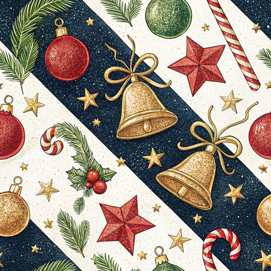 christmas ornaments, red ornaments, gold bells, green ornaments, candy canes, stars, pine branches, holly berries, navy blue background, cream background, diagonal stripes, festive pattern, quilting cotton, fabric panel, holiday theme, winter motifs, seasonal decorations, geometric stars, metallic accents, scattered design