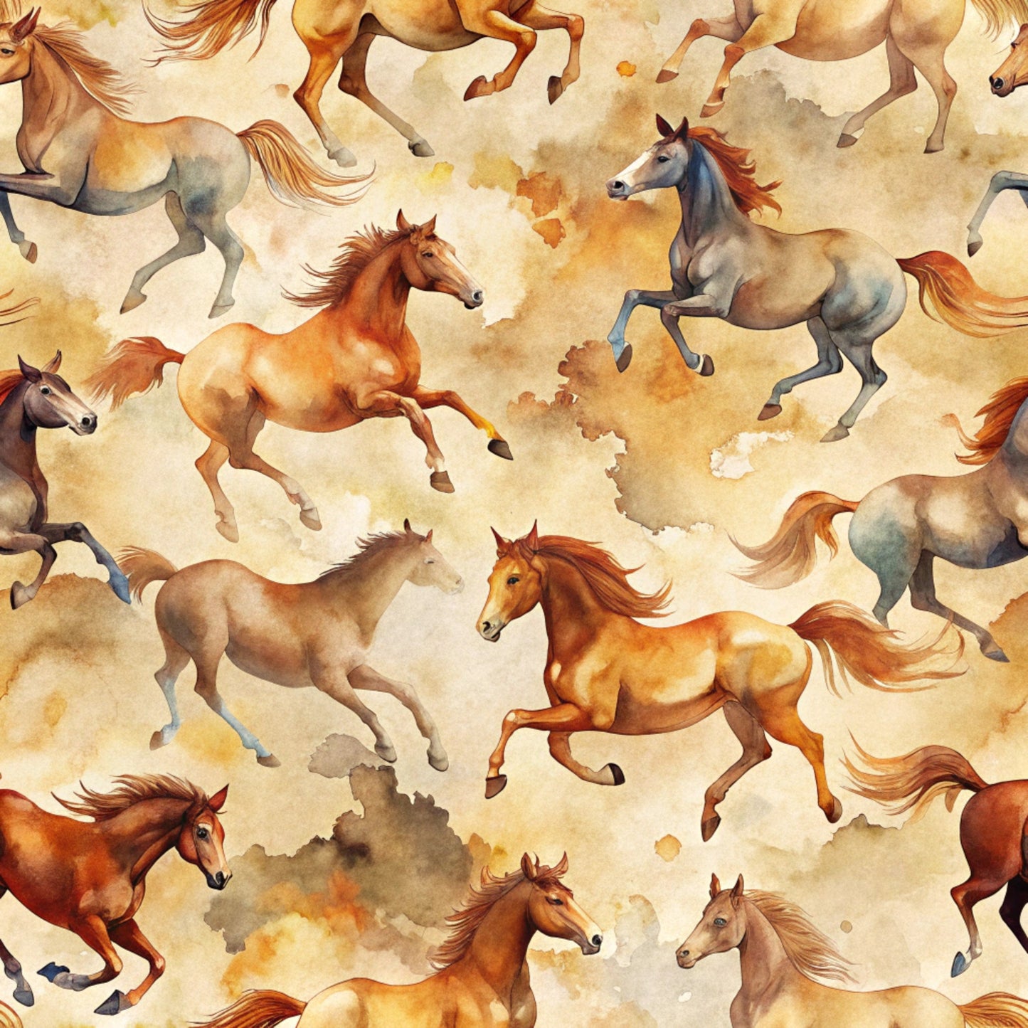wild horses, running horses, watercolor style, brown tones, cream background, orange hues, gray accents, seamless pattern, galloping motion, flowing manes, equestrian theme, rustic colors, painterly effect, western motif, quilting cotton, fabric panel, earth tones, dynamic movement, horse silhouettes, artistic illustration