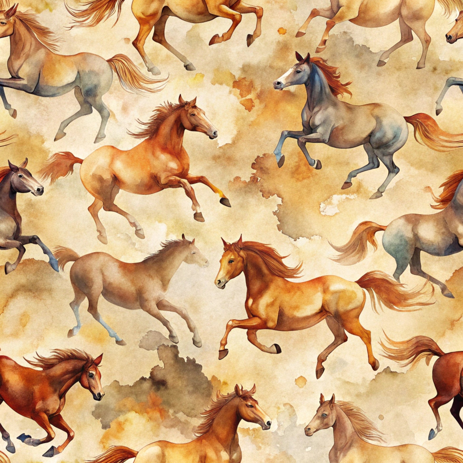 wild horses, running horses, watercolor style, brown tones, cream background, orange hues, gray accents, seamless pattern, galloping motion, flowing manes, equestrian theme, rustic colors, painterly effect, western motif, quilting cotton, fabric panel, earth tones, dynamic movement, horse silhouettes, artistic illustration