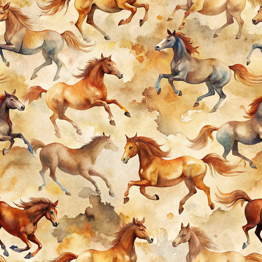 wild horses, running horses, watercolor style, brown tones, cream background, orange hues, gray accents, seamless pattern, galloping motion, flowing manes, equestrian theme, rustic colors, painterly effect, western motif, quilting cotton, fabric panel, earth tones, dynamic movement, horse silhouettes, artistic illustration