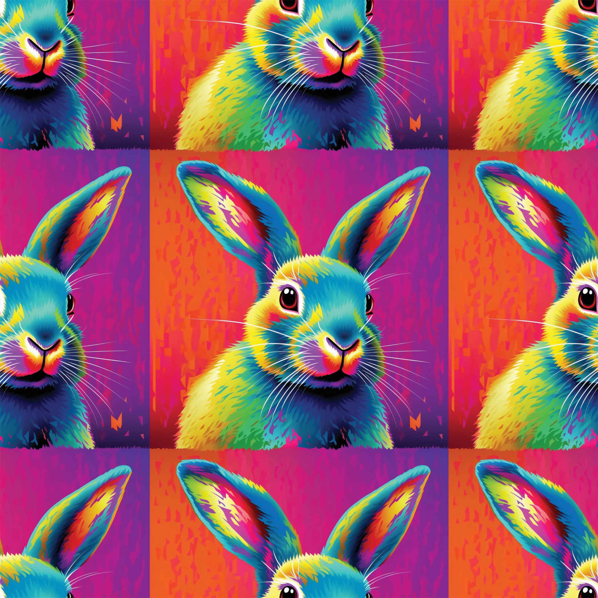 rabbit, bunny, pop art, neon colors, bright pink, electric blue, yellow, orange, purple, vibrant, psychedelic, rainbow colors, animal portrait, repeating pattern, quilting cotton, fabric panel, modern art style, colorful animals, geometric grid, digital art
