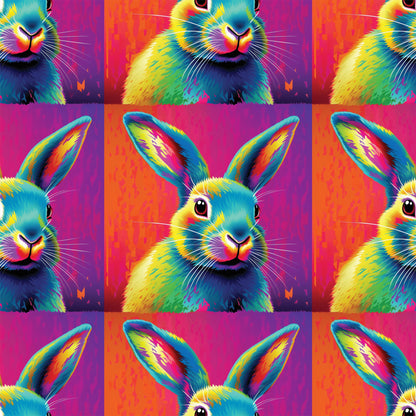 rabbit, bunny, pop art, neon colors, bright pink, electric blue, yellow, orange, purple, vibrant, psychedelic, rainbow colors, animal portrait, repeating pattern, quilting cotton, fabric panel, modern art style, colorful animals, geometric grid, digital art