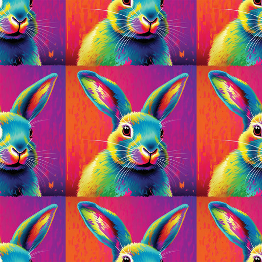 rabbit, bunny, pop art, neon colors, bright pink, electric blue, yellow, orange, purple, vibrant, psychedelic, rainbow colors, animal portrait, repeating pattern, quilting cotton, fabric panel, modern art style, colorful animals, geometric grid, digital art