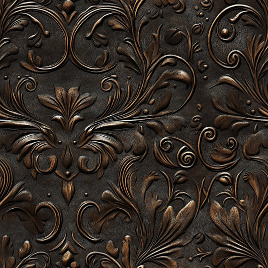 - The Western Life Pattern 12 Quilting Cotton Fabric  
- embossed floral design  
- dark brown, bronze hues  
- intricate scrollwork  
- vintage textured appearance  
- elegant botanical motifs  
- quilting fabric, cotton material  
- classic ornamental style  
- decorative textile for crafts
