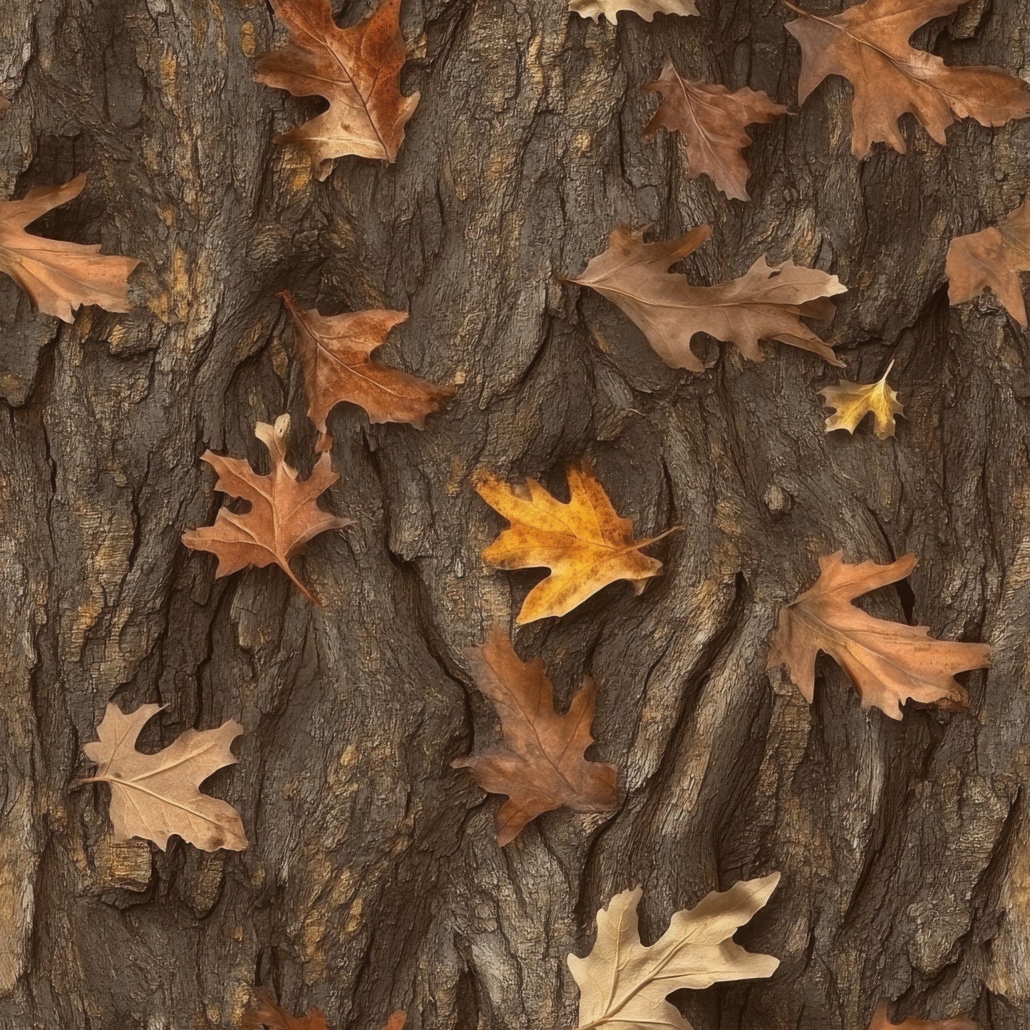 autumn leaves, oak leaves, tree bark, brown, tan, golden yellow, orange, russet, camouflage pattern, realistic hunting, woodland camo, nature scene, fall foliage, quilting cotton, fabric panel, outdoor theme, hunting motif, bark texture, leaf scatter, seasonal autumn
