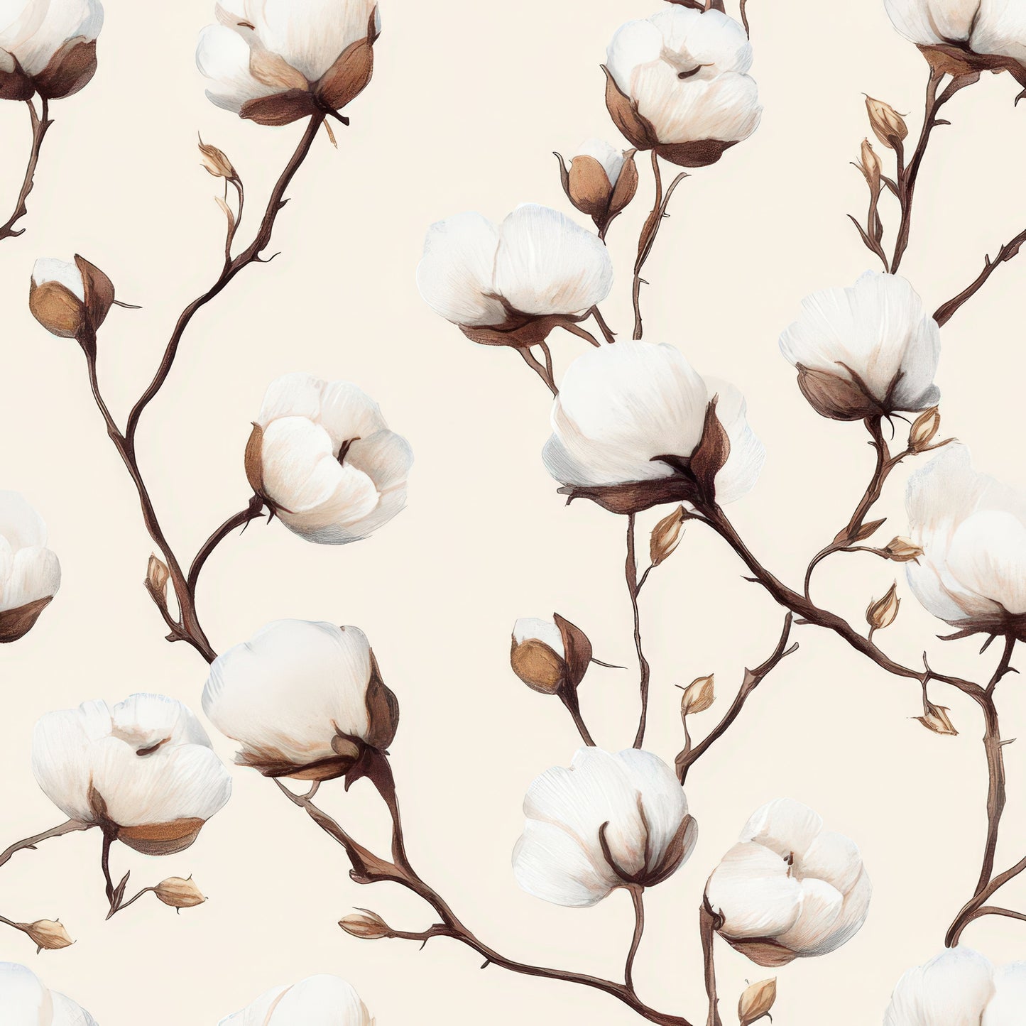 cream background, cotton bolls, botanical pattern, brown stems, white flowers, beige tones, natural motif, plant illustration, soft palette, quilting cotton, fabric panel, organic design, floral branches, neutral colors, farmhouse style, cotton plant, delicate artwork, repeating pattern, nature inspired, textile design