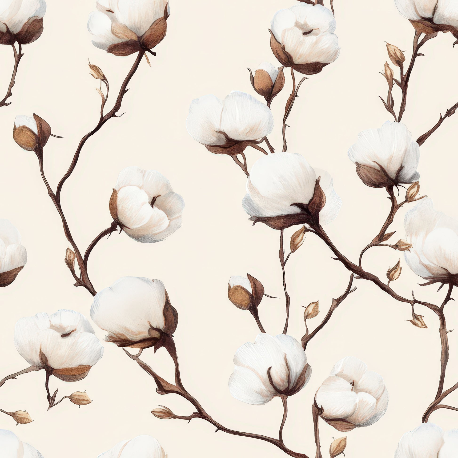 cream background, cotton bolls, botanical pattern, brown stems, white flowers, beige tones, natural motif, plant illustration, soft palette, quilting cotton, fabric panel, organic design, floral branches, neutral colors, farmhouse style, cotton plant, delicate artwork, repeating pattern, nature inspired, textile design