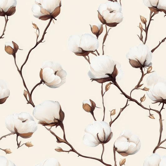cream background, cotton bolls, botanical pattern, brown stems, white flowers, beige tones, natural motif, plant illustration, soft palette, quilting cotton, fabric panel, organic design, floral branches, neutral colors, farmhouse style, cotton plant, delicate artwork, repeating pattern, nature inspired, textile design