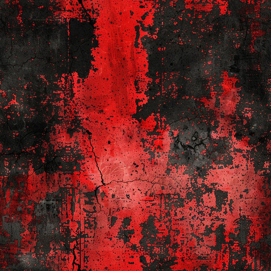 red, black, grunge, distressed, abstract, splatter, cracked, weathered, cotton fabric, quilting panel, textured, vintage, worn, paint splashes, dark background, crimson, scarlet, urban style, edgy, contemporary