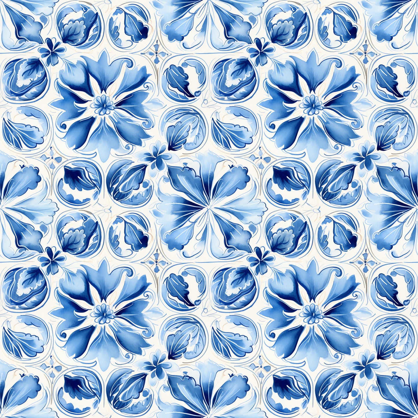 blue, white, handpainted, tiles, floral motifs, portuguese azulejo, mediterranean style, decorative flowers, ceramic inspired, geometric pattern, ornate design, quilting cotton, fabric panel, botanical elements, vintage style, repeating pattern, delft blue, watercolor effect, european tiles, craft fabric