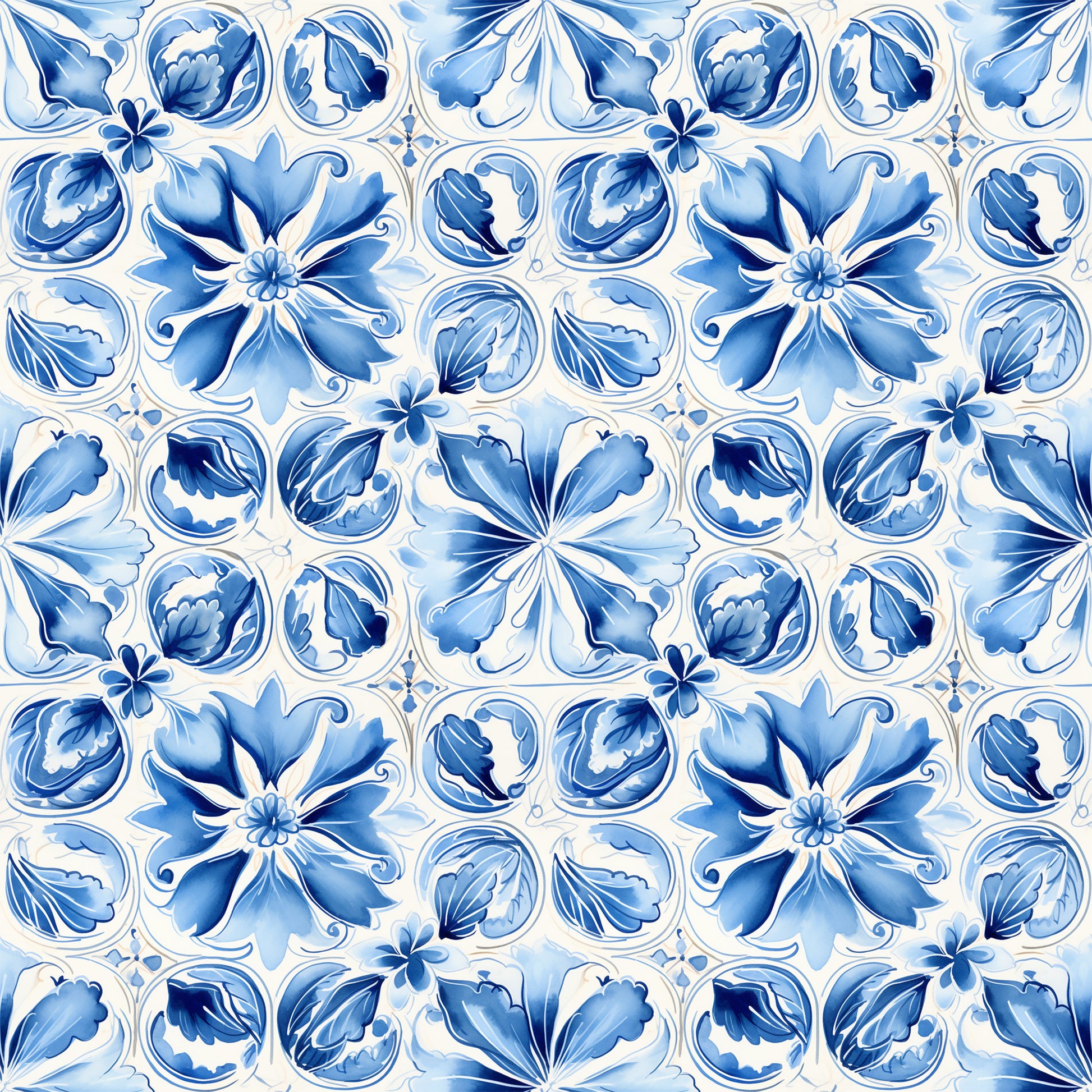 blue, white, handpainted, tiles, floral motifs, portuguese azulejo, mediterranean style, decorative flowers, ceramic inspired, geometric pattern, ornate design, quilting cotton, fabric panel, botanical elements, vintage style, repeating pattern, delft blue, watercolor effect, european tiles, craft fabric