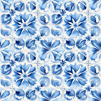 blue, white, handpainted, tiles, floral motifs, portuguese azulejo, mediterranean style, decorative flowers, ceramic inspired, geometric pattern, ornate design, quilting cotton, fabric panel, botanical elements, vintage style, repeating pattern, delft blue, watercolor effect, european tiles, craft fabric
