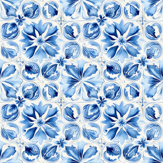 blue, white, handpainted, tiles, floral motifs, portuguese azulejo, mediterranean style, decorative flowers, ceramic inspired, geometric pattern, ornate design, quilting cotton, fabric panel, botanical elements, vintage style, repeating pattern, delft blue, watercolor effect, european tiles, craft fabric