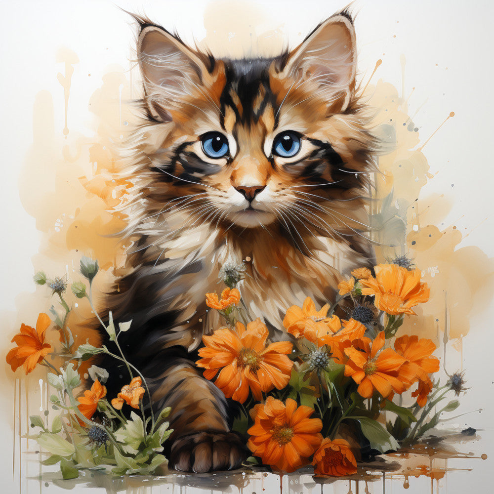 Watercolor Cats with Flowers Fabric Panel 6