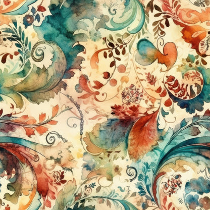watercolor florals, teal blue, coral orange, cream background, flowing vines, botanical motifs, paisley swirls, ornate scrollwork, ethereal blending, dreamy atmosphere, quilting cotton, fabric panel, nature inspired, organic curves, delicate leaves, artistic blooms, fluid design, soft pastels, decorative flourishes, whimsical patterns