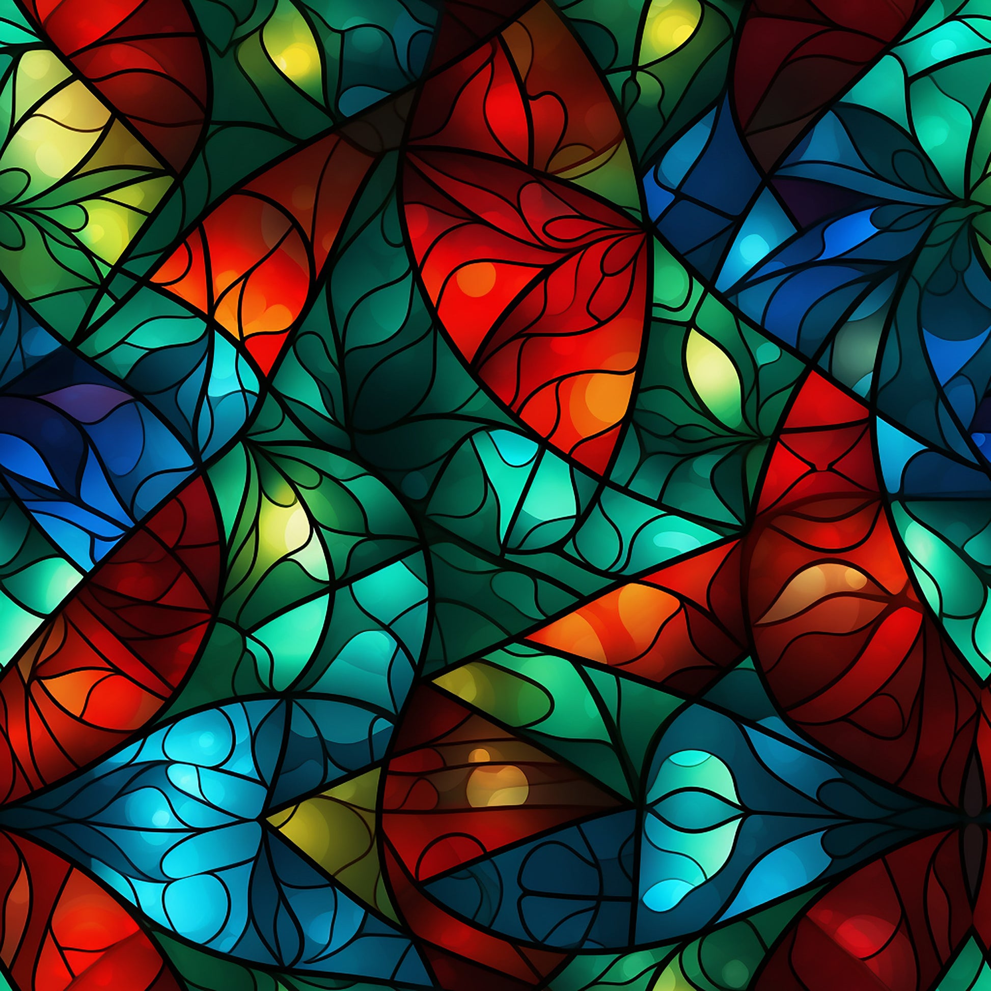 stained glass, christmas, quilting cotton, fabric panel, red, green, blue, turquoise, yellow, orange, geometric pattern, mosaic design, abstract leaves, holiday fabric, jewel tones, vibrant colors, decorative glass, seasonal motif, crafting material, patchwork fabric